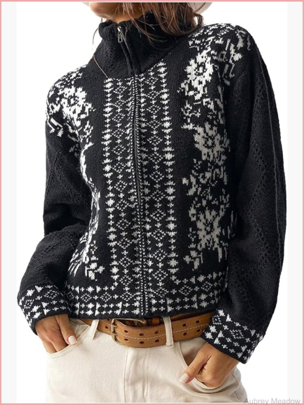Boho Floral Long Sleeve Zip Cardigan Sweater Knitwear